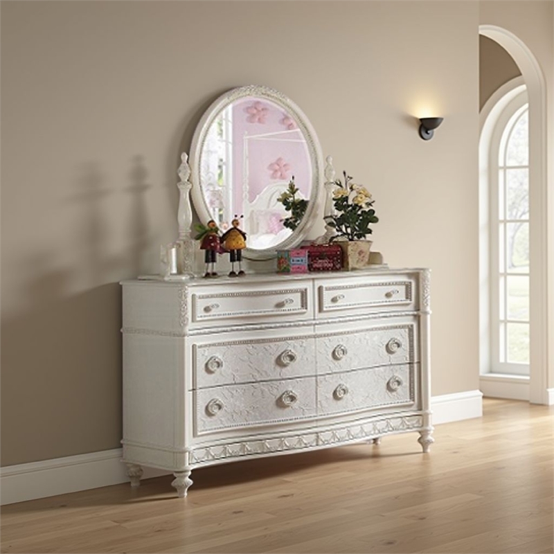 Dorie Vanity Dresser Mirror-35x48-White Wood Floral-Beveled Edge