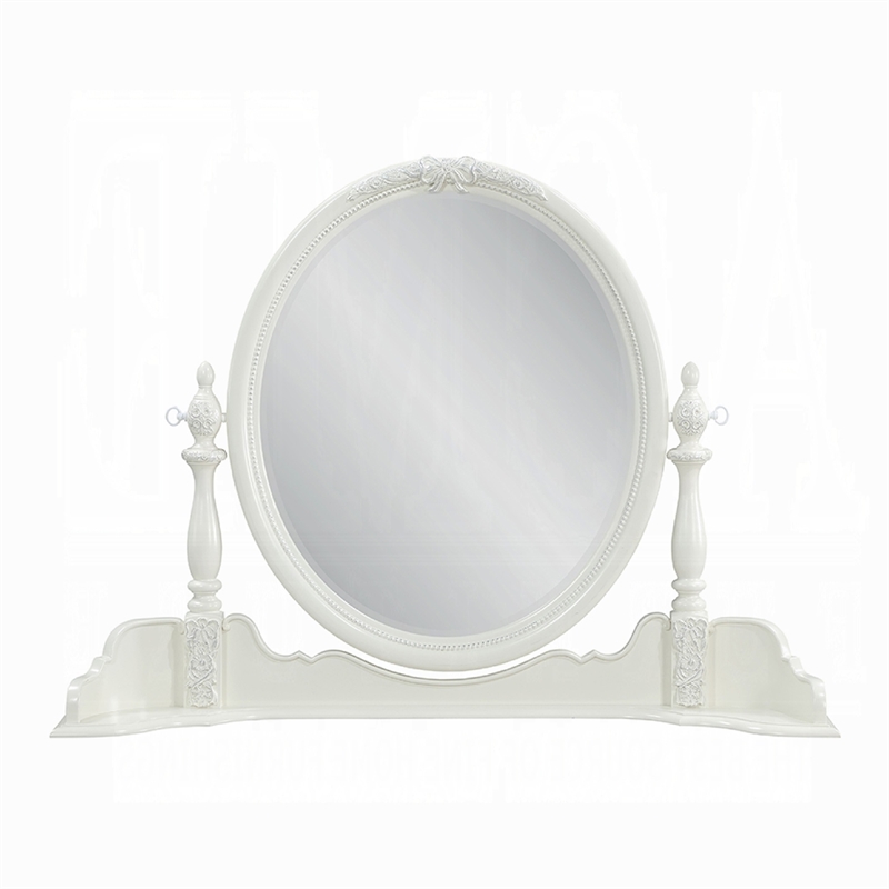 Dorie Vanity Dresser Mirror-35x48-White Wood Floral-Beveled Edge
