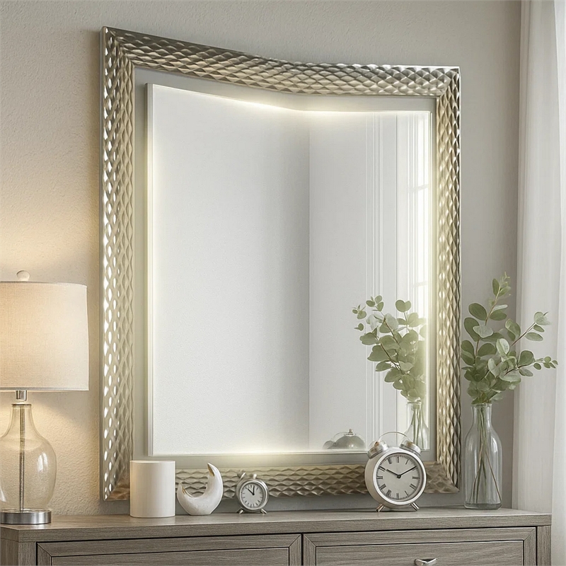Vino 41 x 44 Dresser Mirror w LED-Glam Gray Wood-Silver Trim