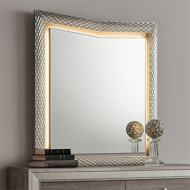 Vino 41 x 44 Dresser Mirror w LED-Glam Gray Wood-Silver Trim