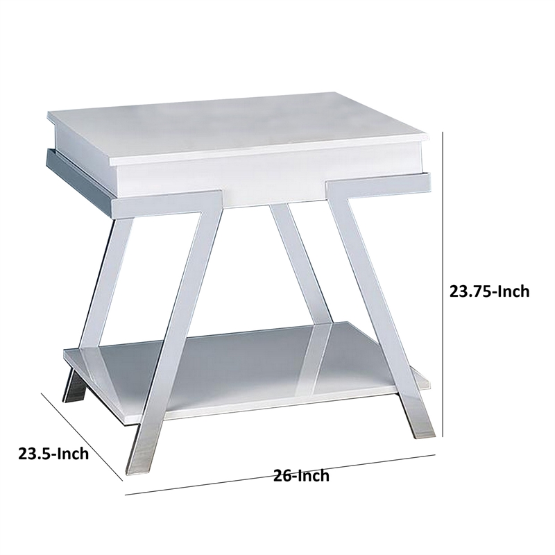 Tius 26 Inch Side End Table-Open Shelf-Chrome-High Gloss White Finish