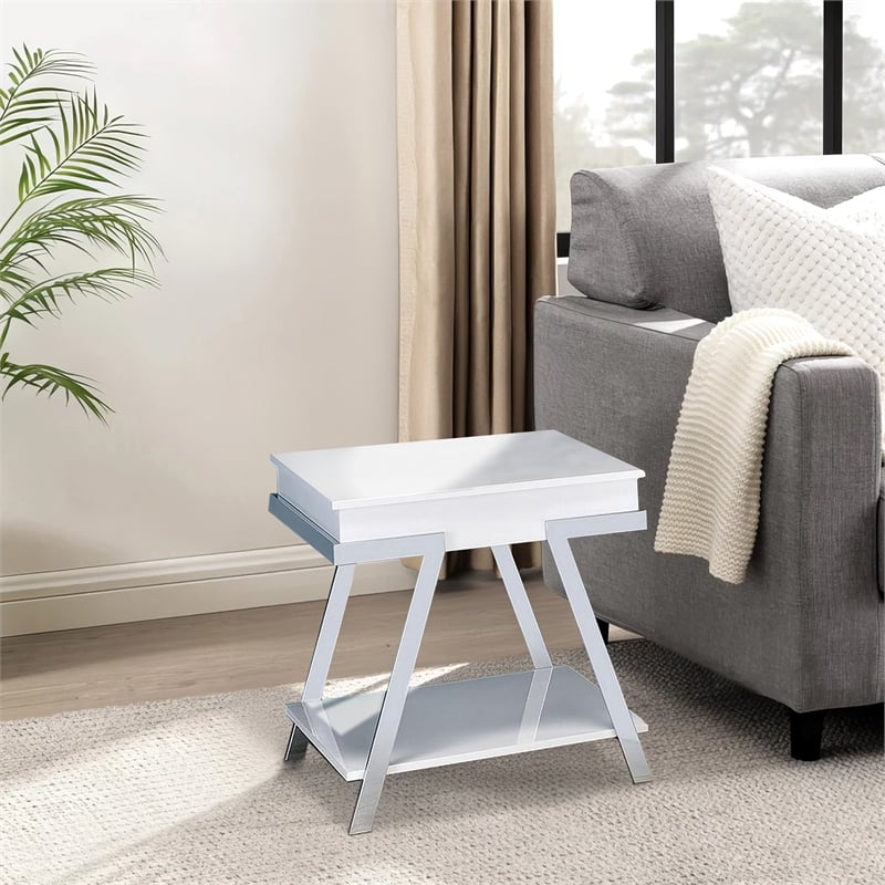 Tius 26 Inch Side End Table-Open Shelf-Chrome-High Gloss White Finish