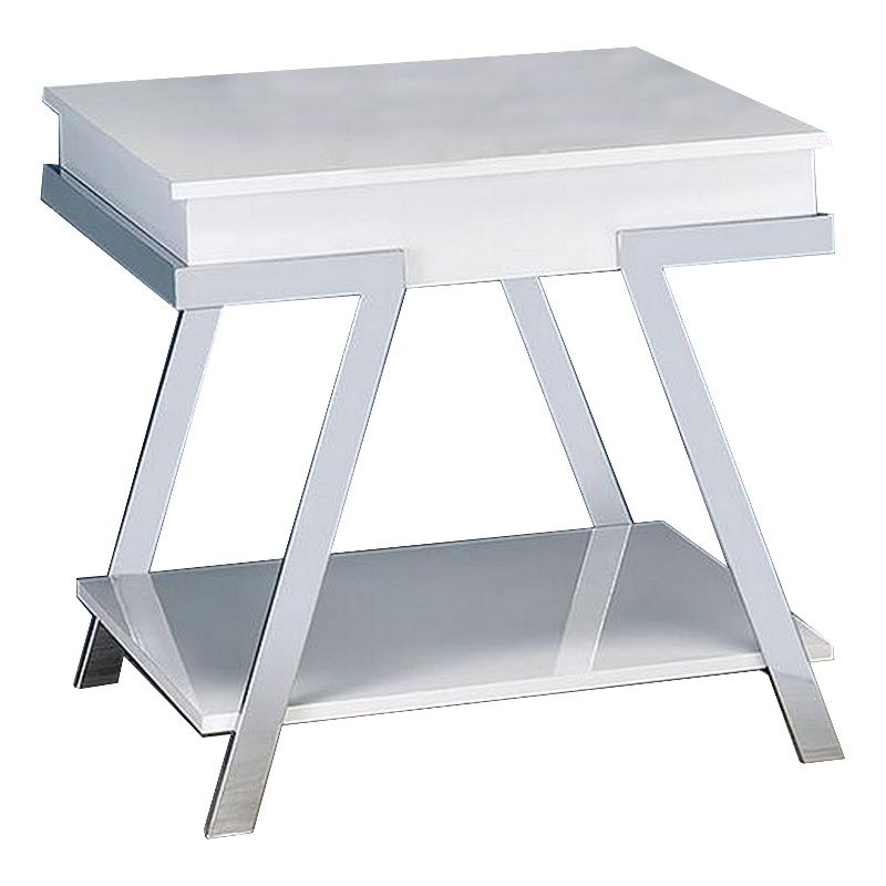 Tius 26 Inch Side End Table-Open Shelf-Chrome-High Gloss White Finish