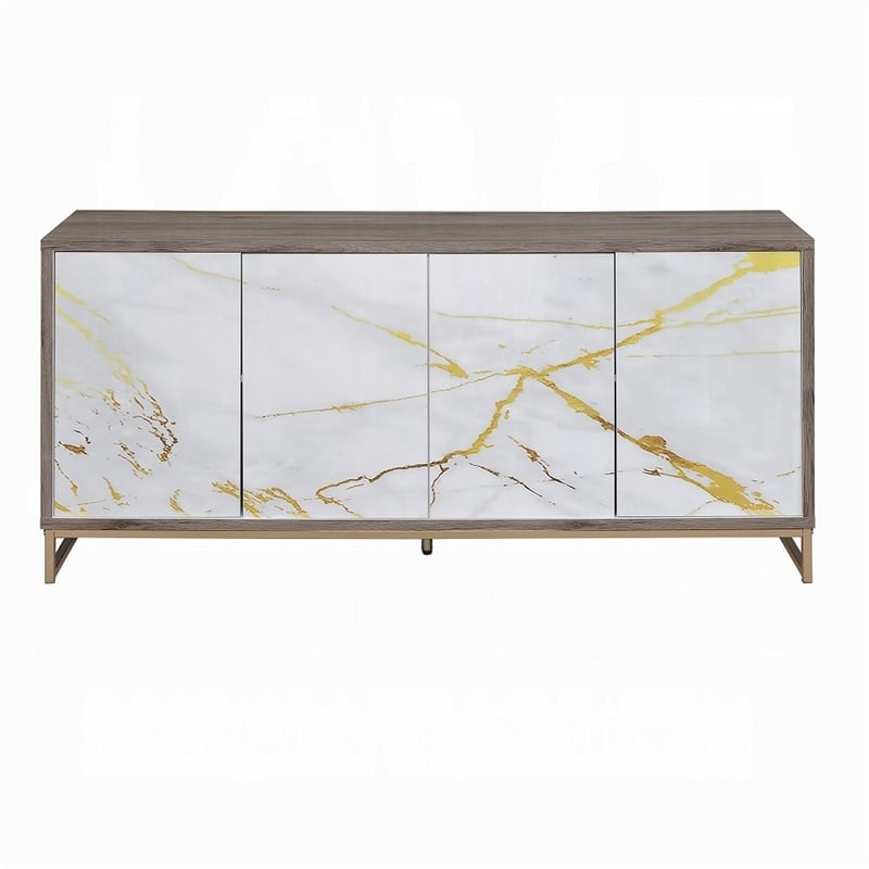 Avia Sideboard Console Cabinet-White Marble Look 4 Door Brown 65 Inch