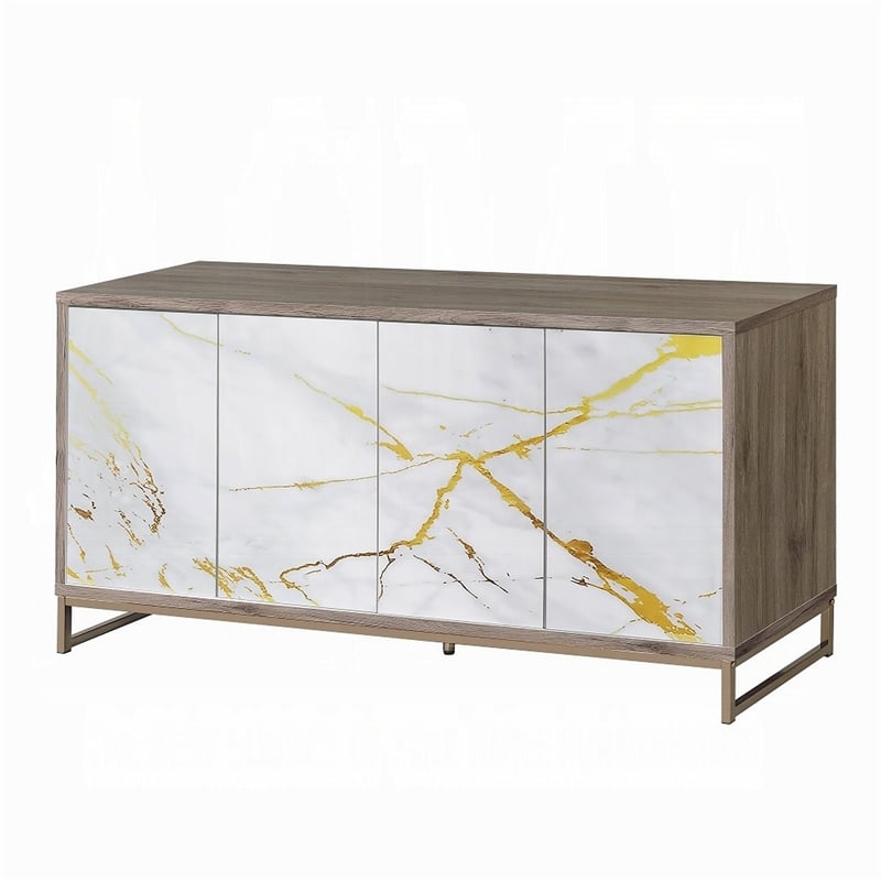 Avia Sideboard Console Cabinet-White Marble Look 4 Door Brown 65 Inch