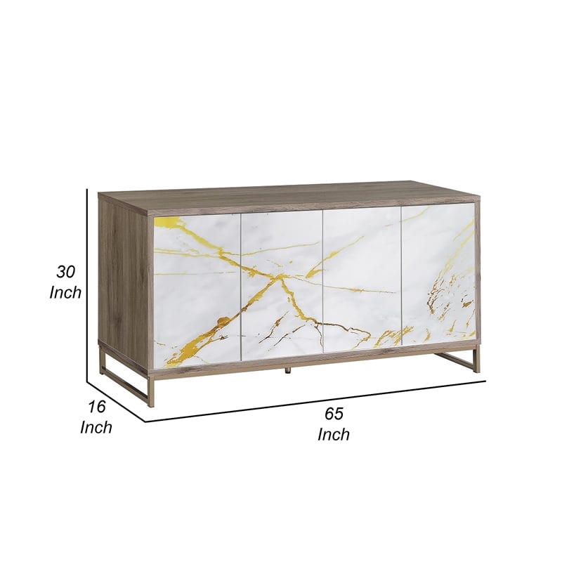 Avia Sideboard Console Cabinet-White Marble Look 4 Door Brown 65 Inch