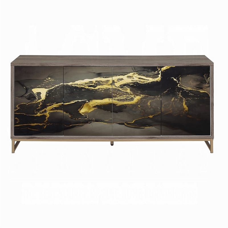 Loila Sideboard Console Cabinet-Black Marble Look-Brown Wood 65 Inch