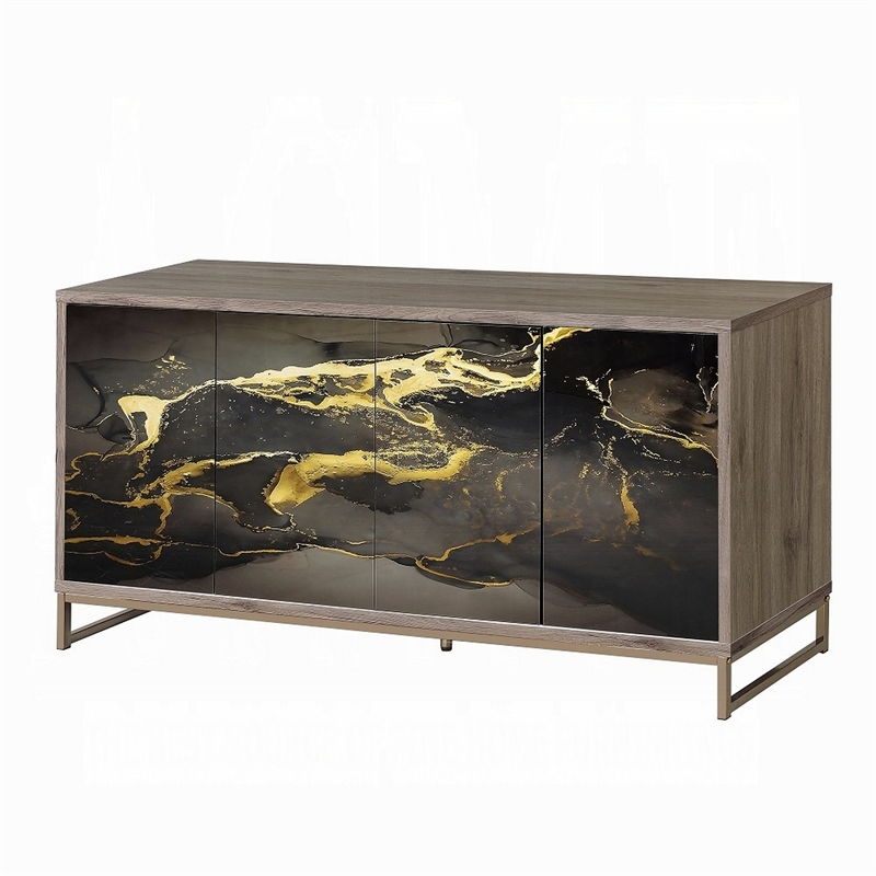 Loila Sideboard Console Cabinet-Black Marble Look-Brown Wood 65 Inch