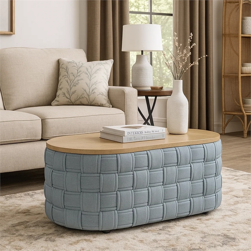 Reah Coffee Table-Knitted Light Blue Chenille-Brown Wood-41 Inch