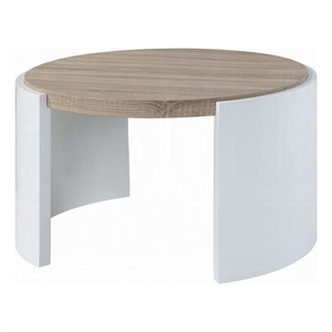 Romani Coffee Table-White High Gloss Wood-Brown Top-Round 33 Inch