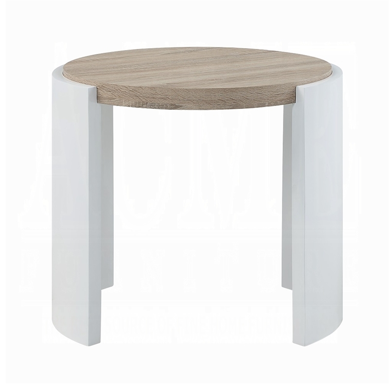 Romani Side End Table-White High Gloss Wood-Brown Top-Oval 26 Inch