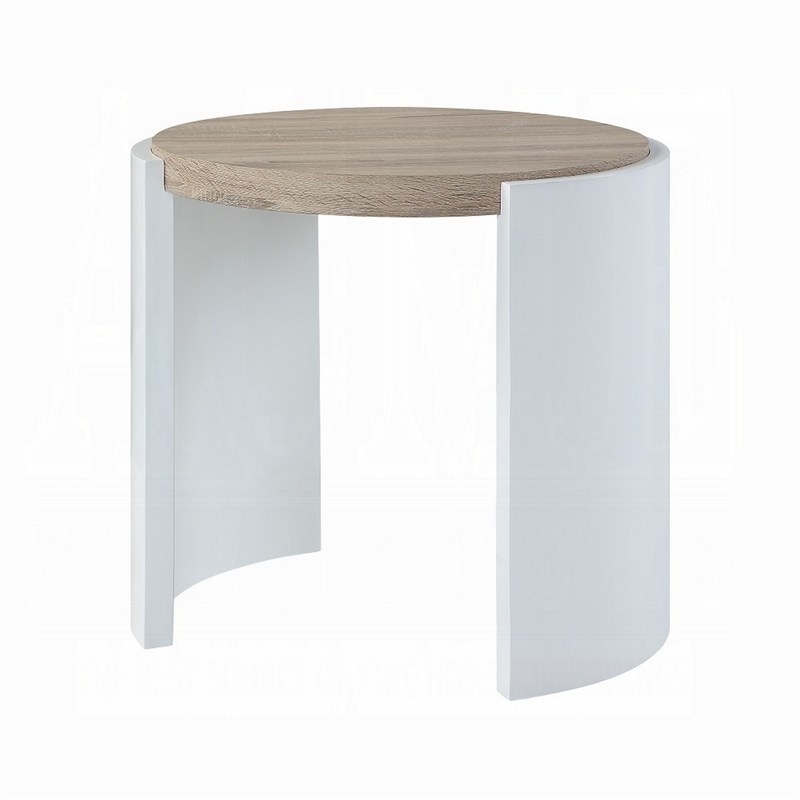 Romani Side End Table-White High Gloss Wood-Brown Top-Oval 26 Inch