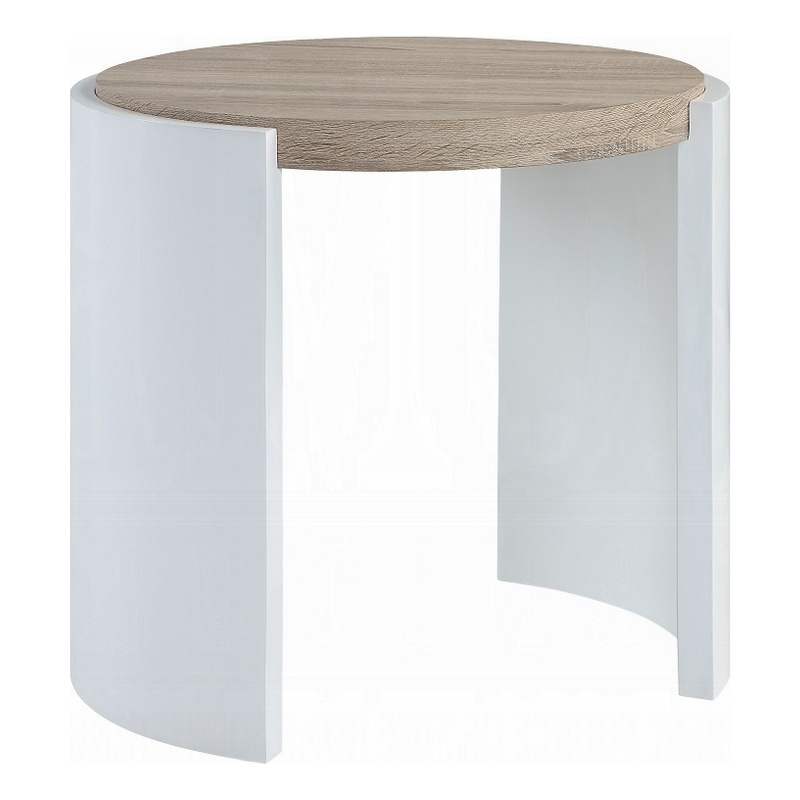 Romani Side End Table-White High Gloss Wood-Brown Top-Oval 26 Inch