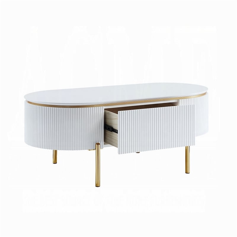 Tyce Oval Coffee Table with Drawer-47 Inch-Glossy White-Gold Metal