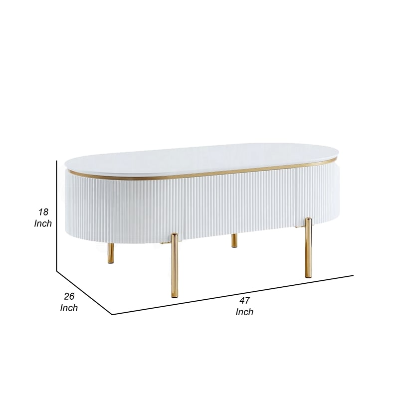 Tyce Oval Coffee Table with Drawer-47 Inch-Glossy White-Gold Metal