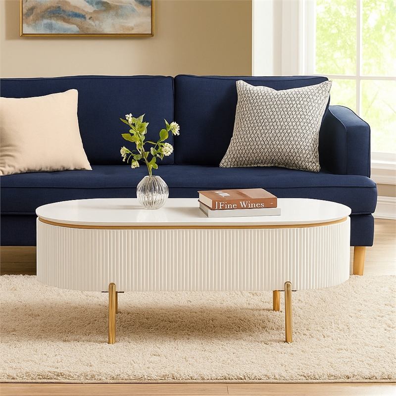 Tyce Oval Coffee Table with Drawer-47 Inch-Glossy White-Gold Metal