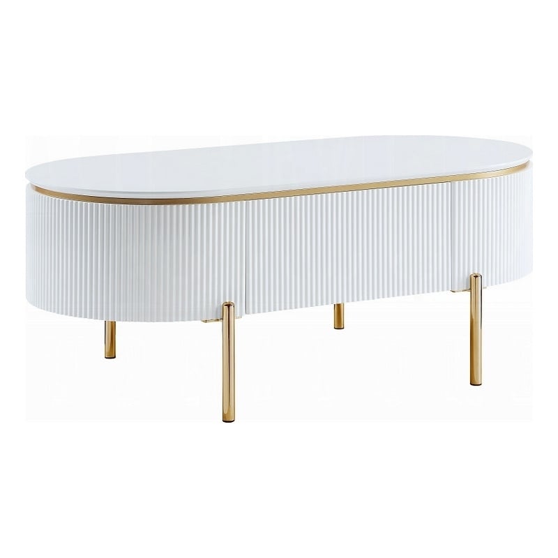 Tyce Oval Coffee Table with Drawer-47 Inch-Glossy White-Gold Metal