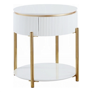 Tyce Side End Table with Drawer-22 Inch Glossy White-Gold Metal