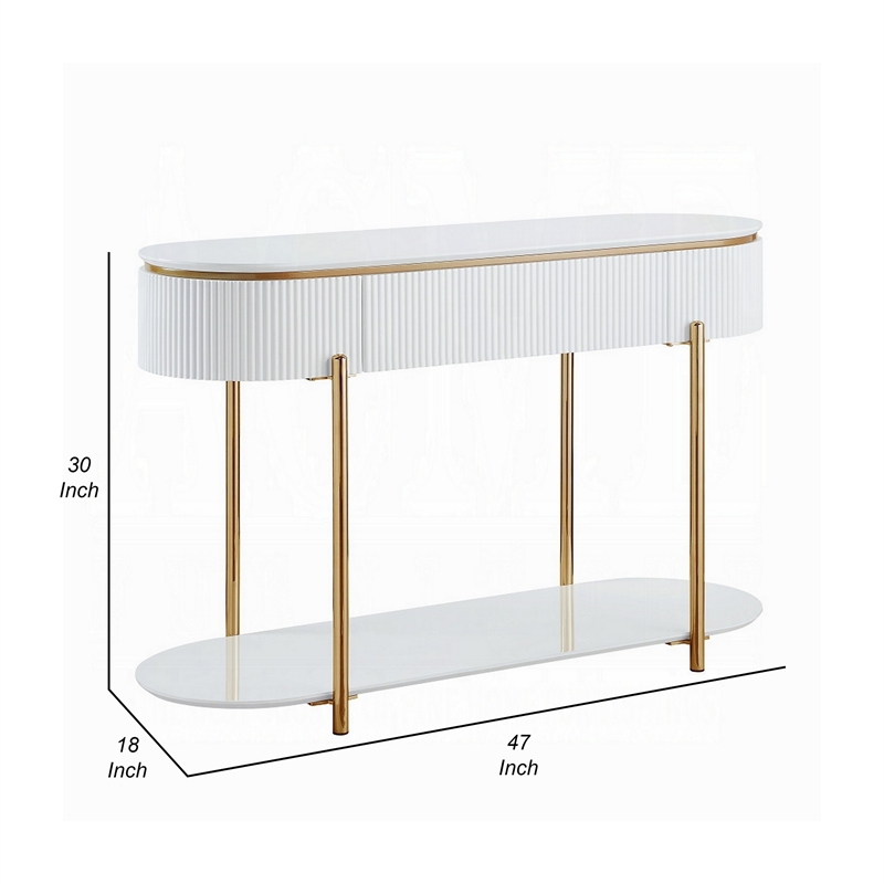 Tyce Sofa Table with Drawer-Shelf-47 Inch Glossy White-Gold Metal