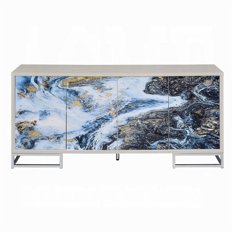Sideboard Console Cabinet-4 Door-65 Inch Blue Marble Paint-White