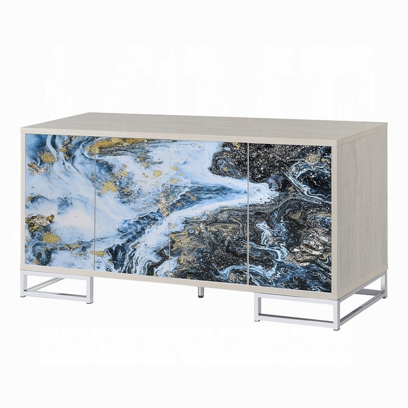 Sideboard Console Cabinet-4 Door-65 Inch Blue Marble Paint-White