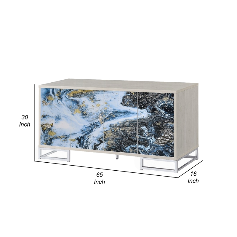 Sideboard Console Cabinet-4 Door-65 Inch Blue Marble Paint-White