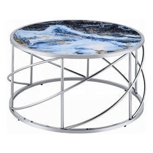 Shira Round Coffee Table-33 Inch-Open Chrome Base-Blue Faux Marble