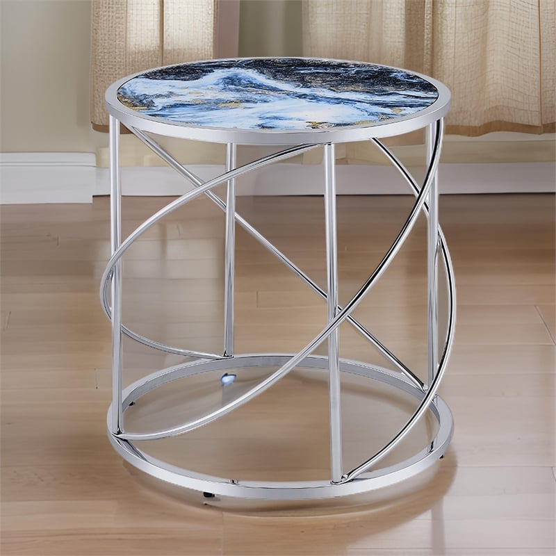 Shira Round Side End Table-22 Inch-Open Chrome Base Blue Faux Marble