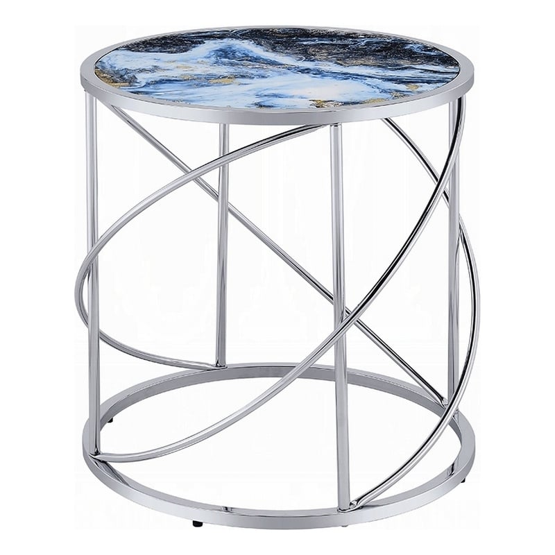 Shira Round Side End Table-22 Inch-Open Chrome Base Blue Faux Marble