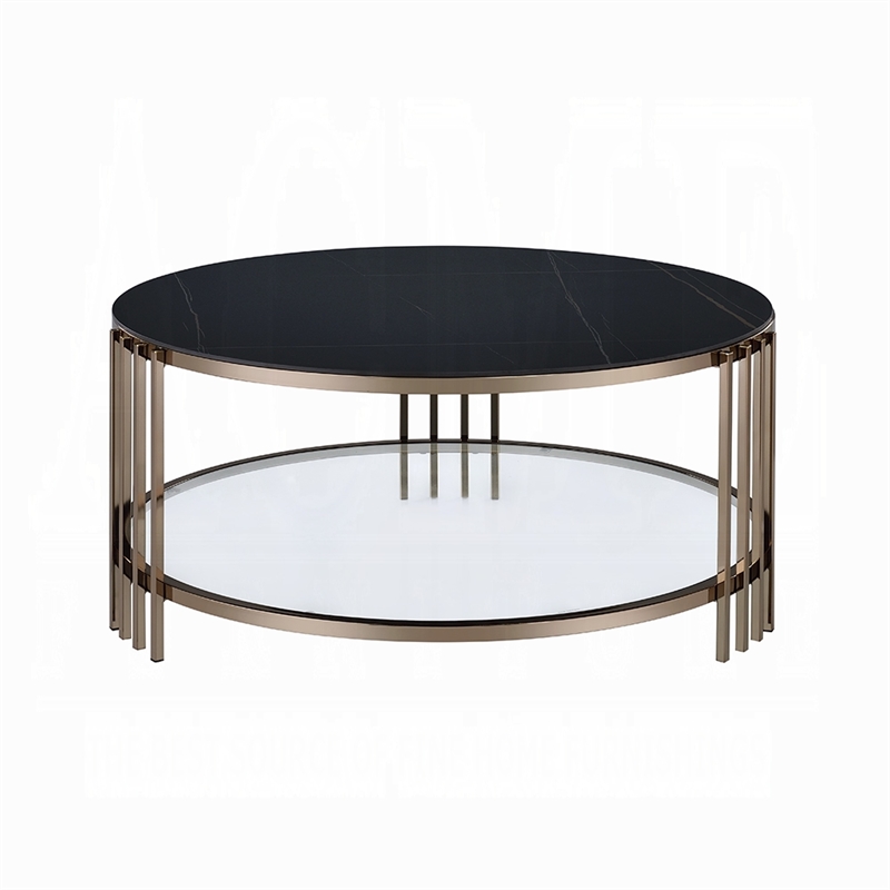 Abio Coffee Table-35 Inch-Round Sintered Stone Top-Black and Gold
