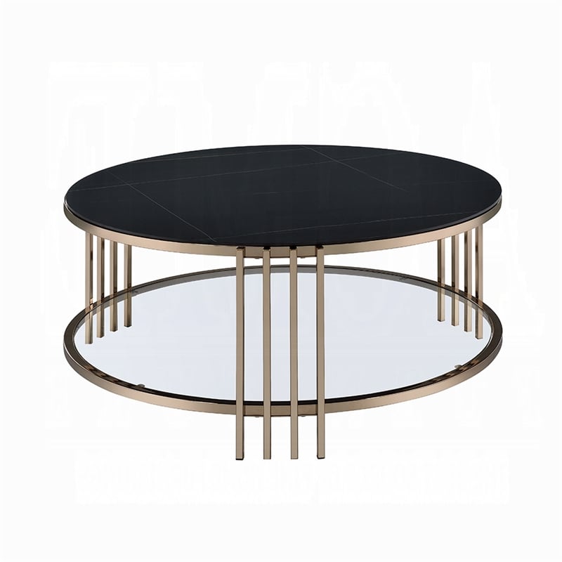 Abio Coffee Table-35 Inch-Round Sintered Stone Top-Black and Gold