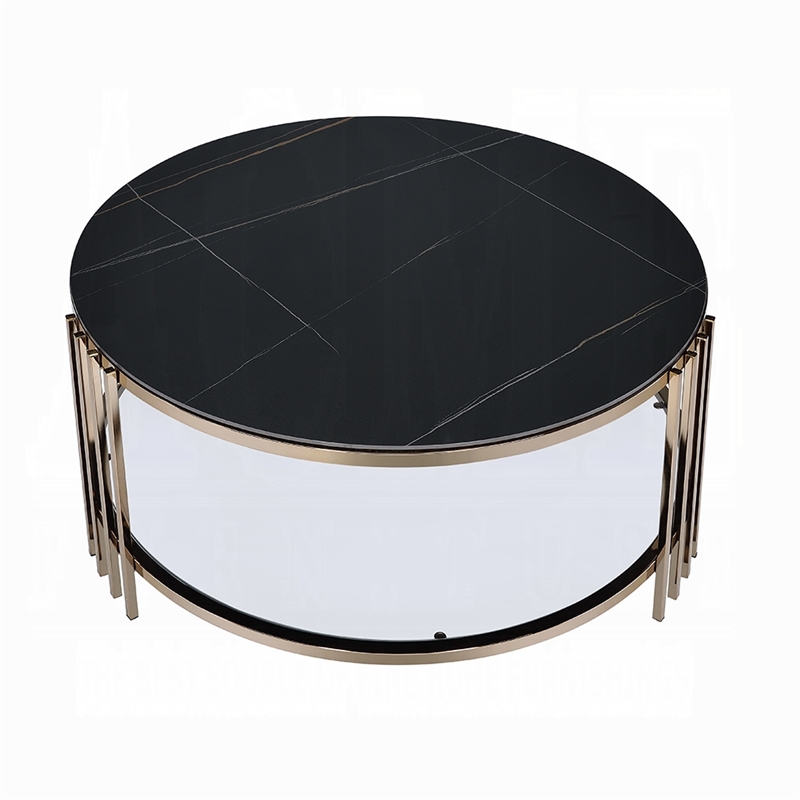 Abio Coffee Table-35 Inch-Round Sintered Stone Top-Black and Gold