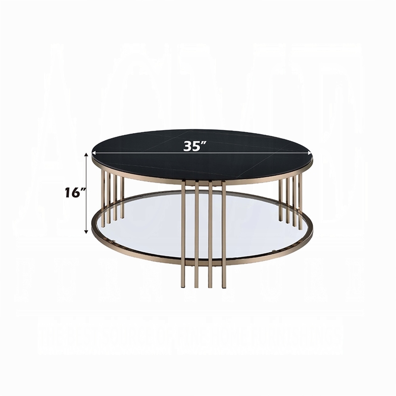 Abio Coffee Table-35 Inch-Round Sintered Stone Top-Black and Gold