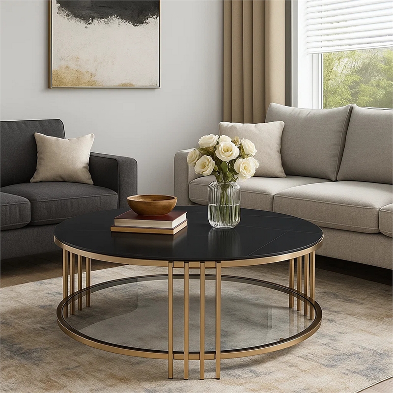 Abio Coffee Table-35 Inch-Round Sintered Stone Top-Black and Gold