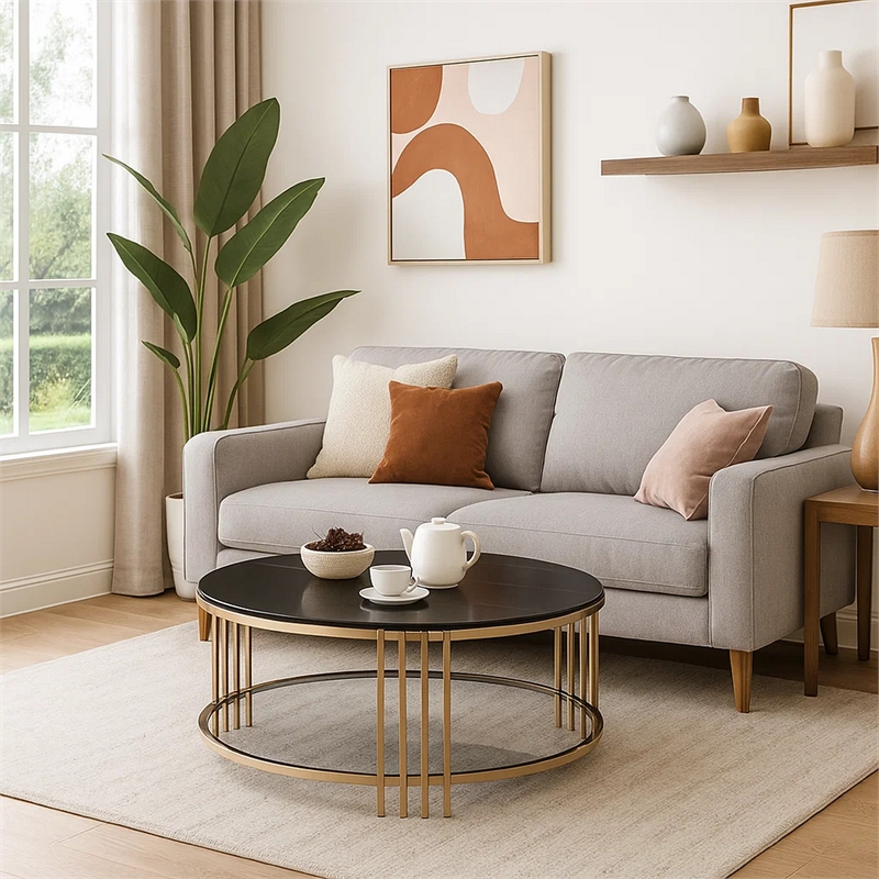 Abio Coffee Table-35 Inch-Round Sintered Stone Top-Black and Gold