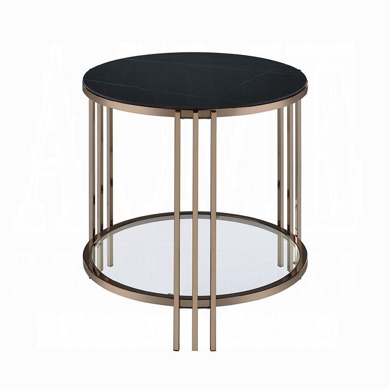Abio Side End Table-23 Inch-Round Sintered Stone Top-Black and Gold