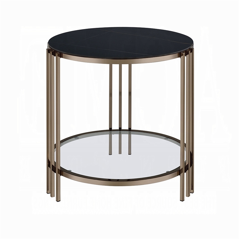 Abio Side End Table-23 Inch-Round Sintered Stone Top-Black and Gold