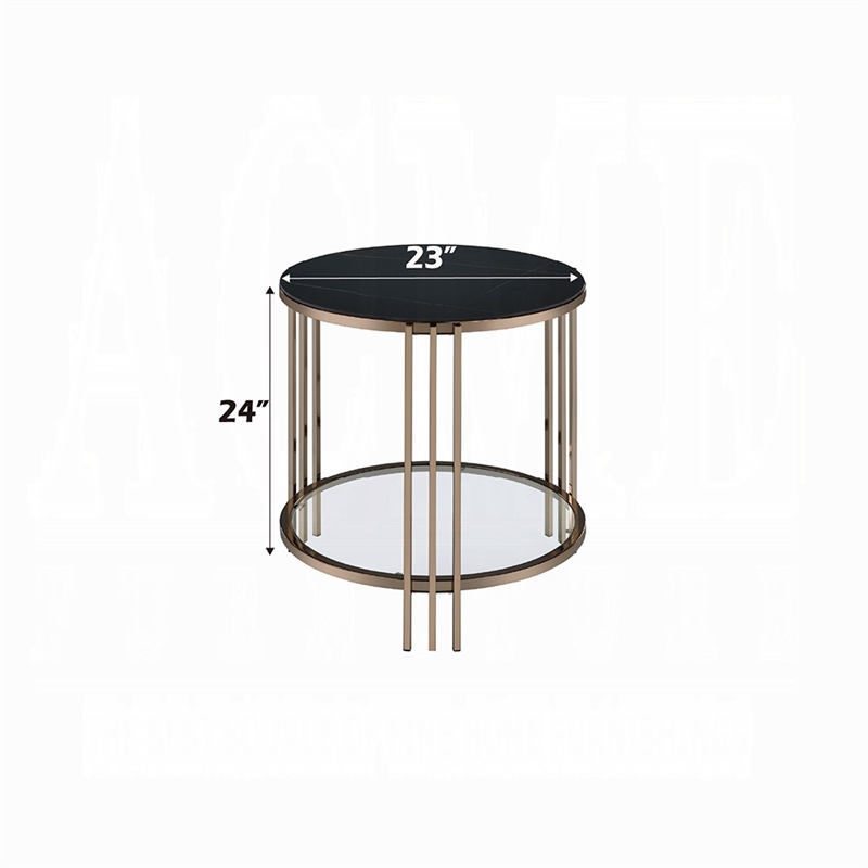 Abio Side End Table-23 Inch-Round Sintered Stone Top-Black and Gold