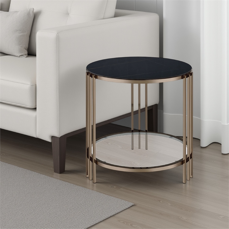 Abio Side End Table-23 Inch-Round Sintered Stone Top-Black and Gold