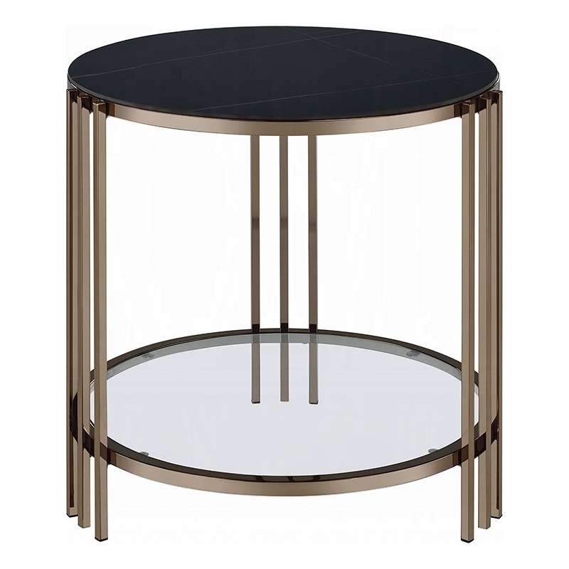 Abio Side End Table-23 Inch-Round Sintered Stone Top-Black and Gold