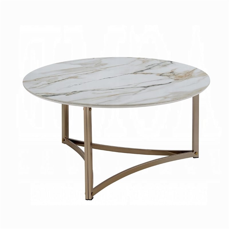 Acor Coffee Table-35 Inch-Round Sintered Stone Top-White and Gold