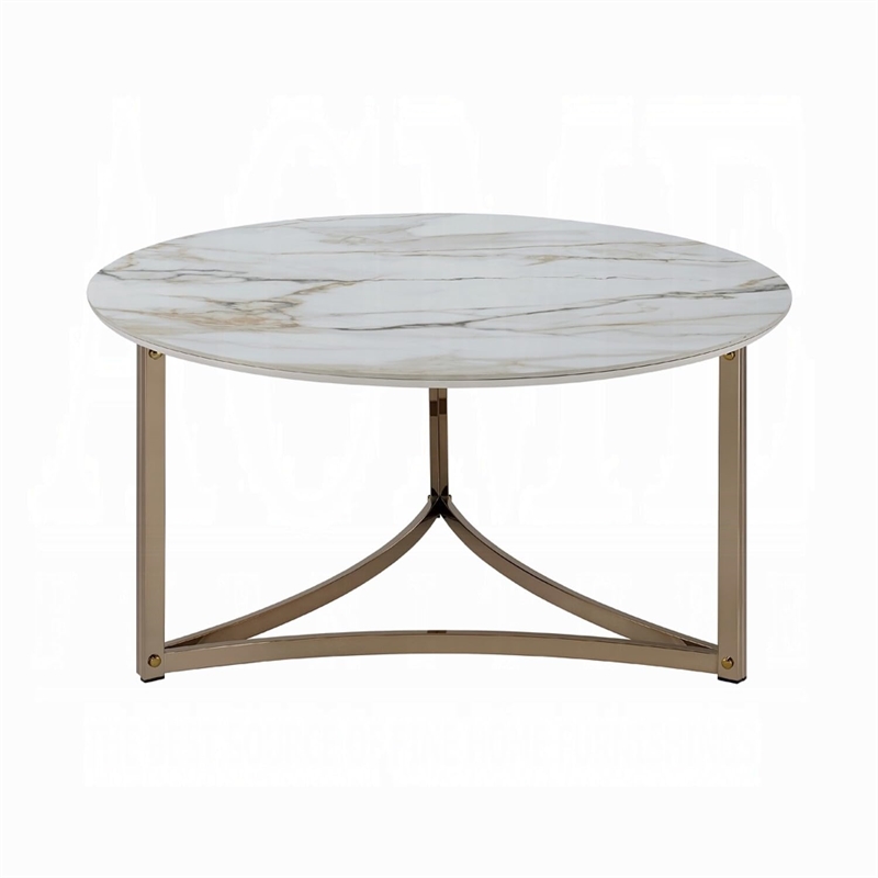 Acor Coffee Table-35 Inch-Round Sintered Stone Top-White and Gold