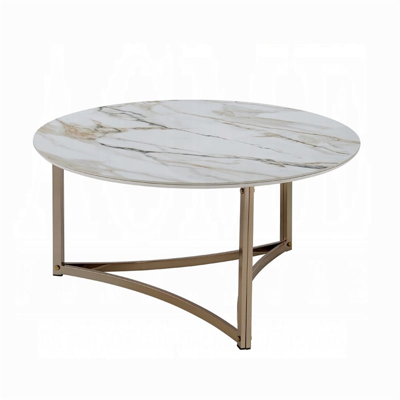 Acor Coffee Table-35 Inch-Round Sintered Stone Top-White and Gold