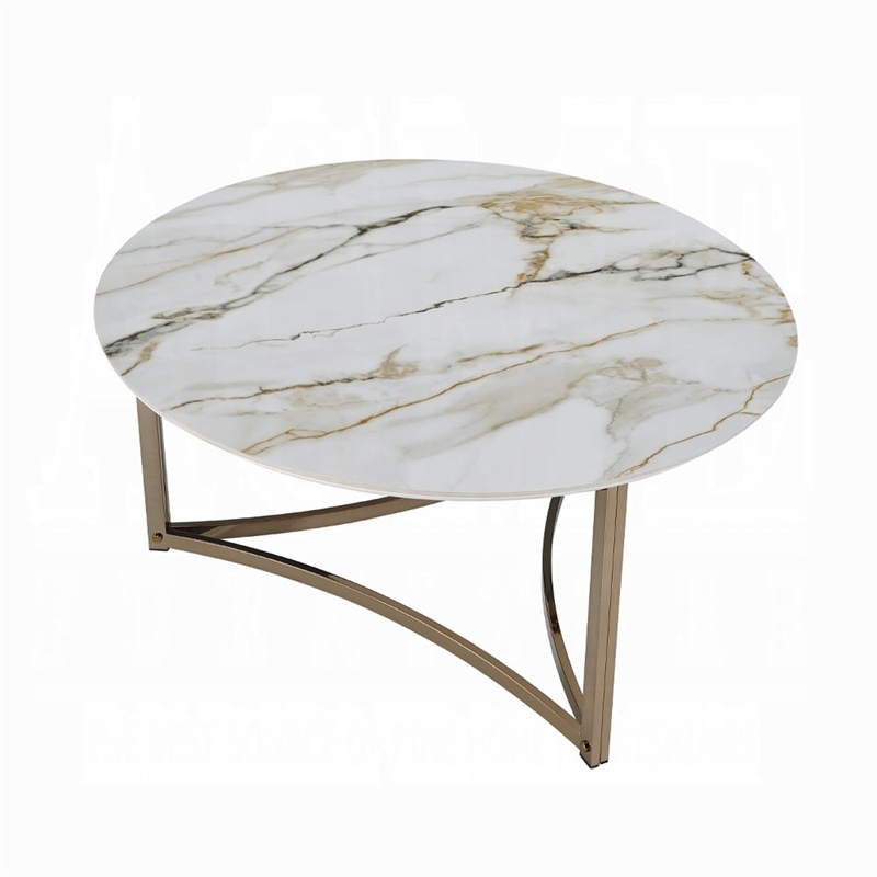 Acor Coffee Table-35 Inch-Round Sintered Stone Top-White and Gold