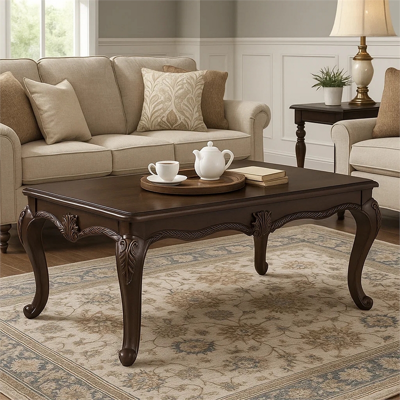 Reese Coffee Table-European Carved Classic Cherry Brown Wood-48 Inch