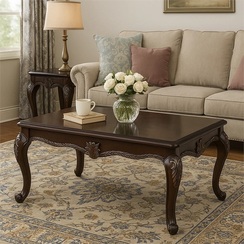 Reese Coffee Table-European Carved Classic Cherry Brown Wood-48 Inch