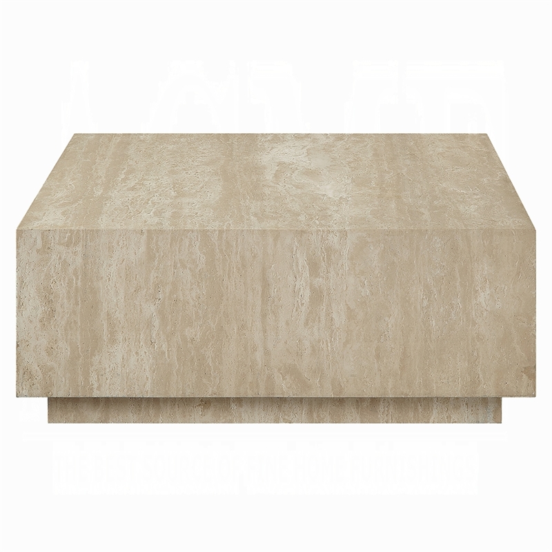 Lory Coffee Table-35 Inch Square Travertine Top-Natural Wood Beige
