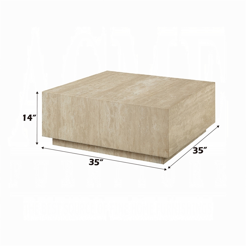 Lory Coffee Table-35 Inch Square Travertine Top-Natural Wood Beige