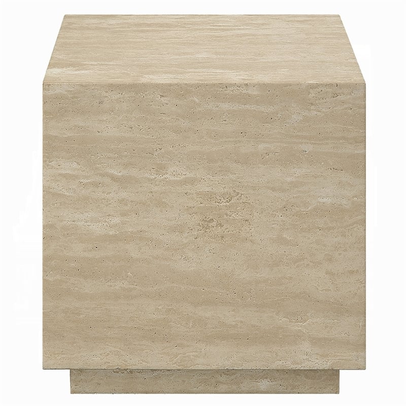Lory Side End Table-19 Inch Square Travertine Top-Natural Wood Beige