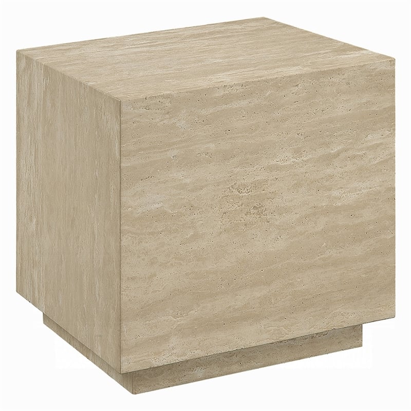 Lory Side End Table-19 Inch Square Travertine Top-Natural Wood Beige